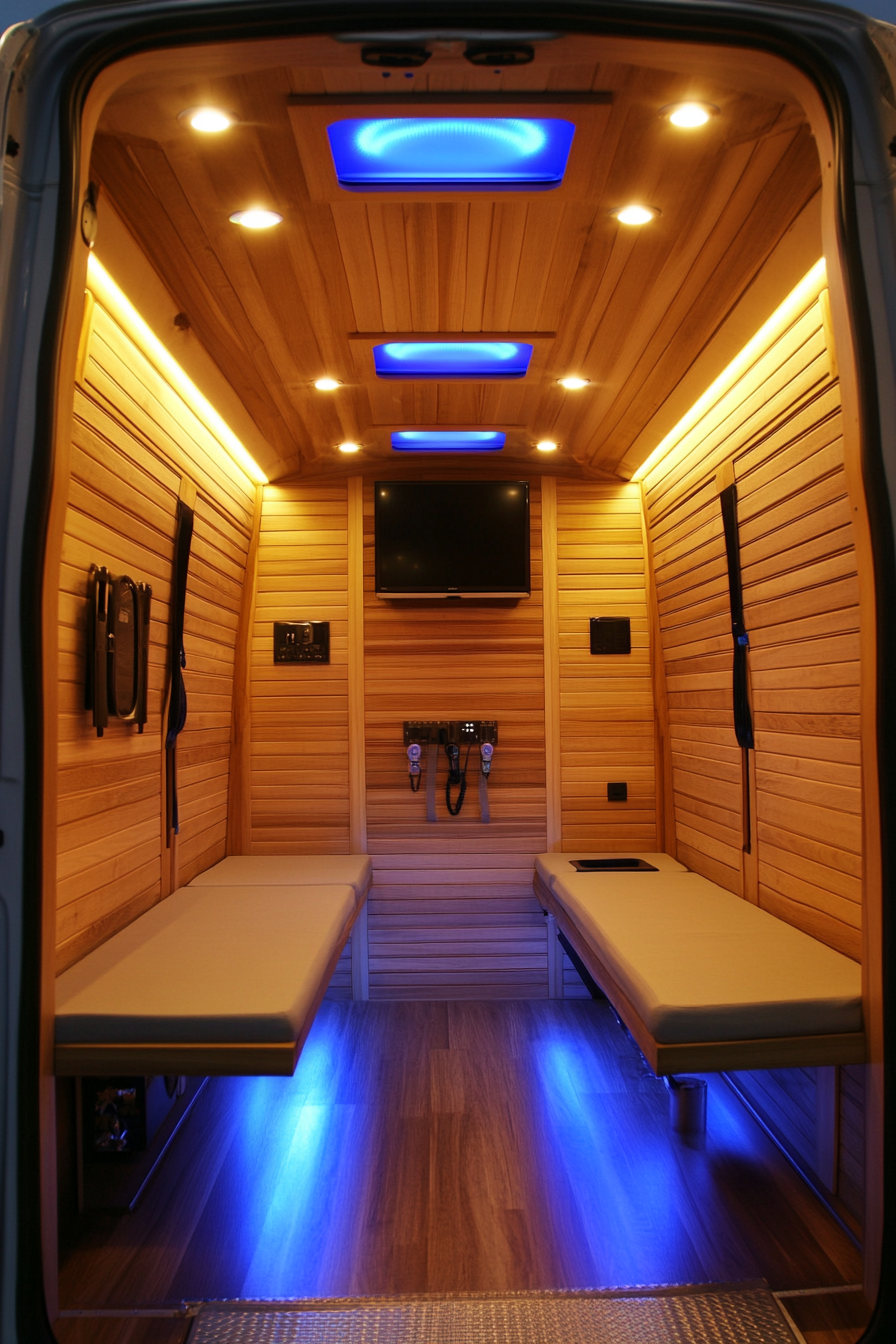 Therapy Van. Yew wood-built consulting area with dim blue lights and insulated cotton wall soundproofs.