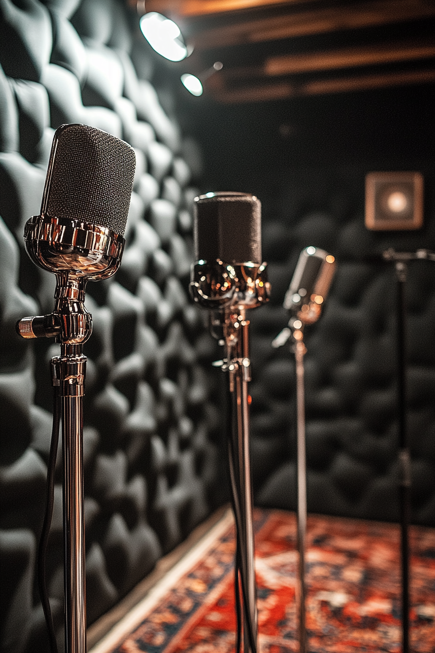 Mobile Studio Space. Leather soundproof booths with chrome microphone stands.
