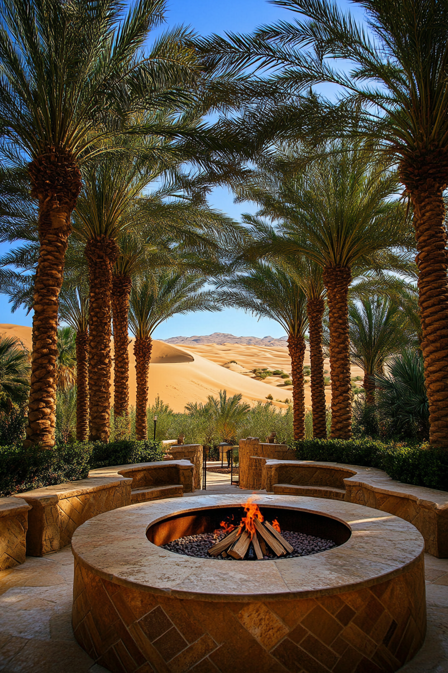 Palm Grove Space. Traditional fire pit amidst palm trees, overlooking desert dunes, near a spring.