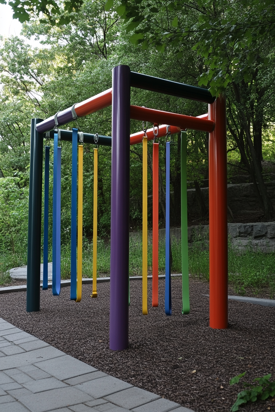 Fitness community space. Outdoor gym with multicolored resistance bands.