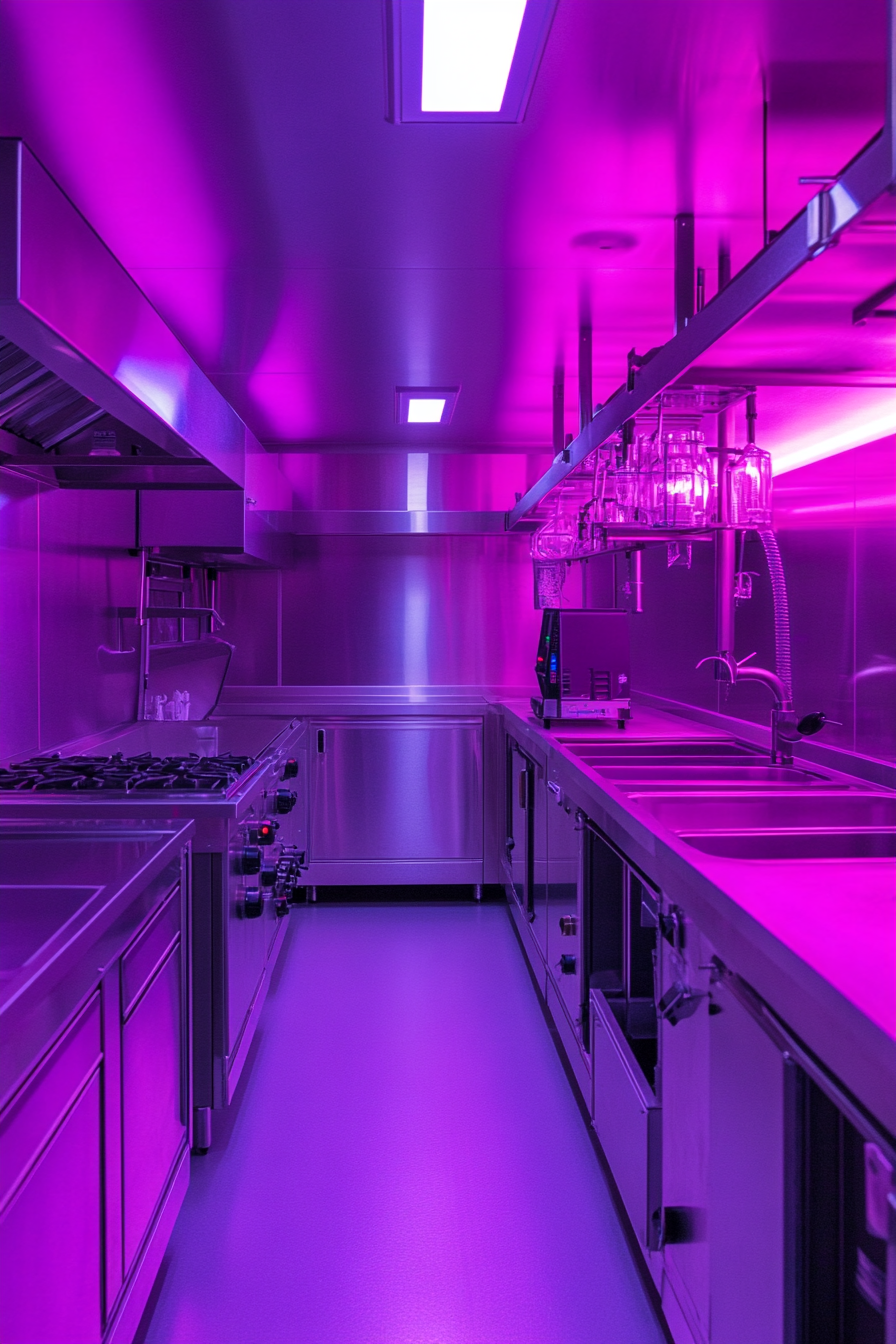 Research mobile space. Stainless steel lab equipment under LED neon lights.