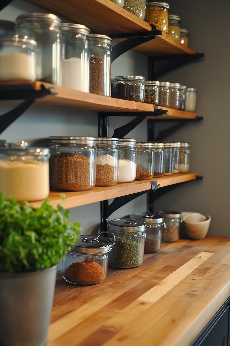 Community Cooking Space. Ironwood bulk storage on butcher block countertops with mint herb wall.