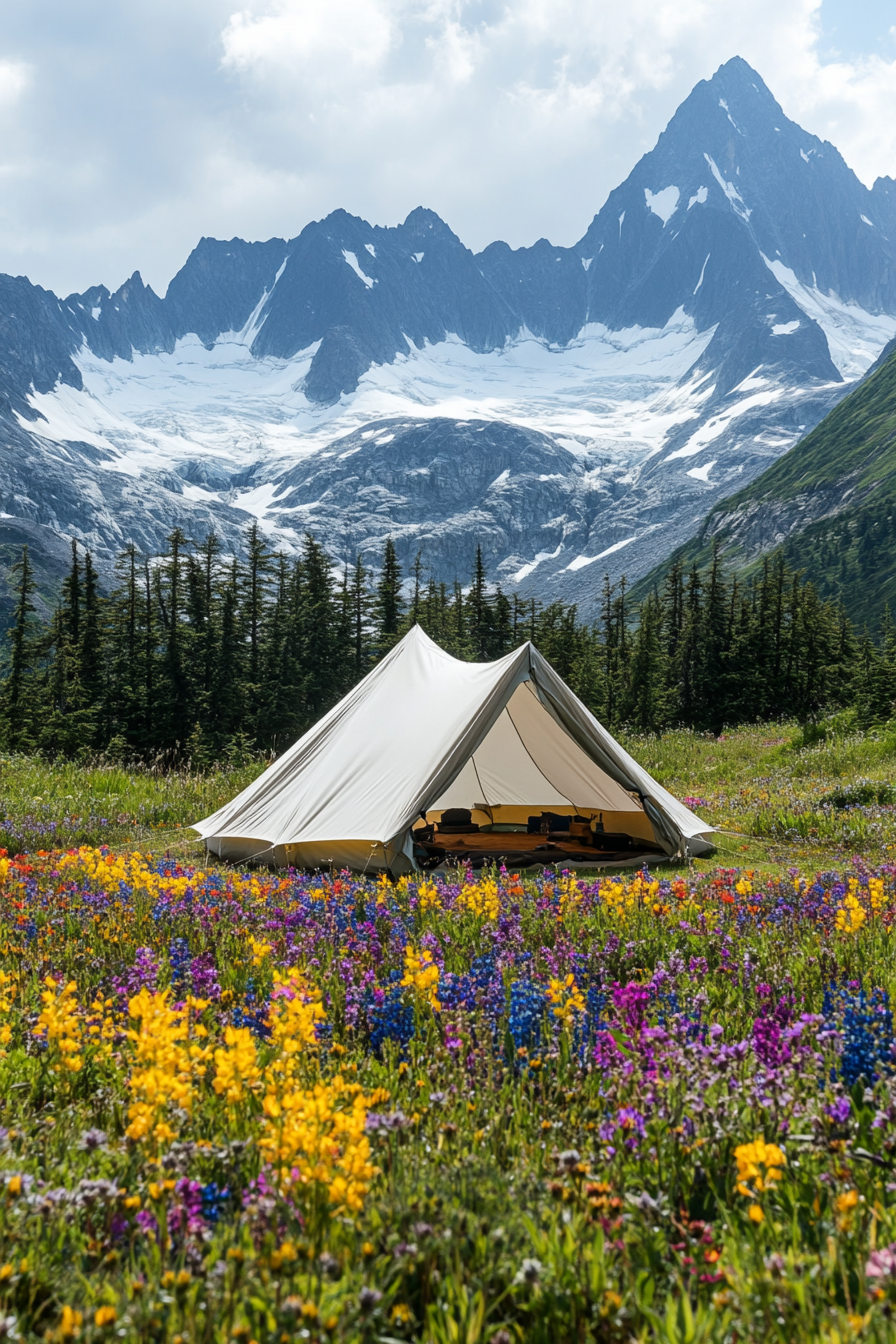 Highland site. Tent pad encircled by vibrant wildflowers with snow-capped peaks in the background.