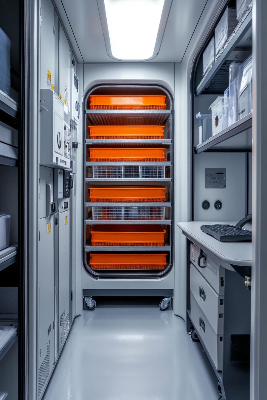 Research mobile space. Artifact shelving with labeled compartments surrounding a lab capsule workstation.