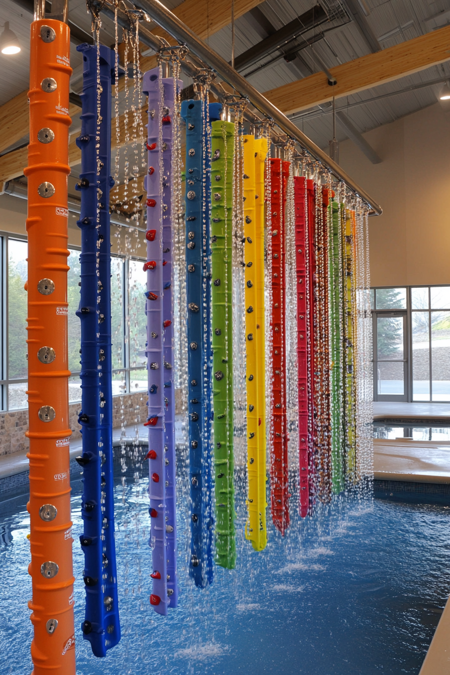 Water Adventure Space. Steel framed gear rack with color-coded climber's webbing.