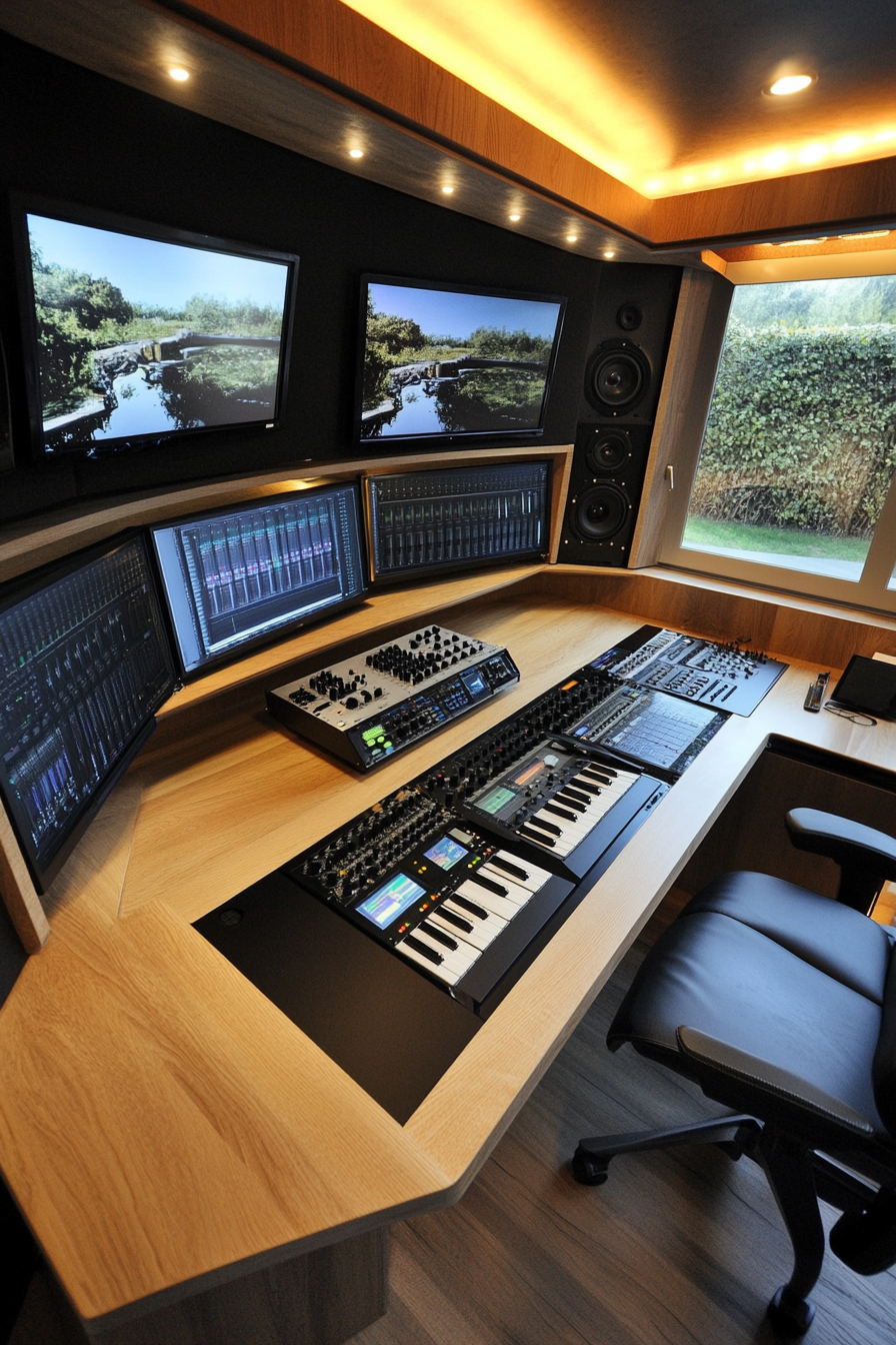 Creative Mobile Space. L-shaped desk with mixing console and video monitors.