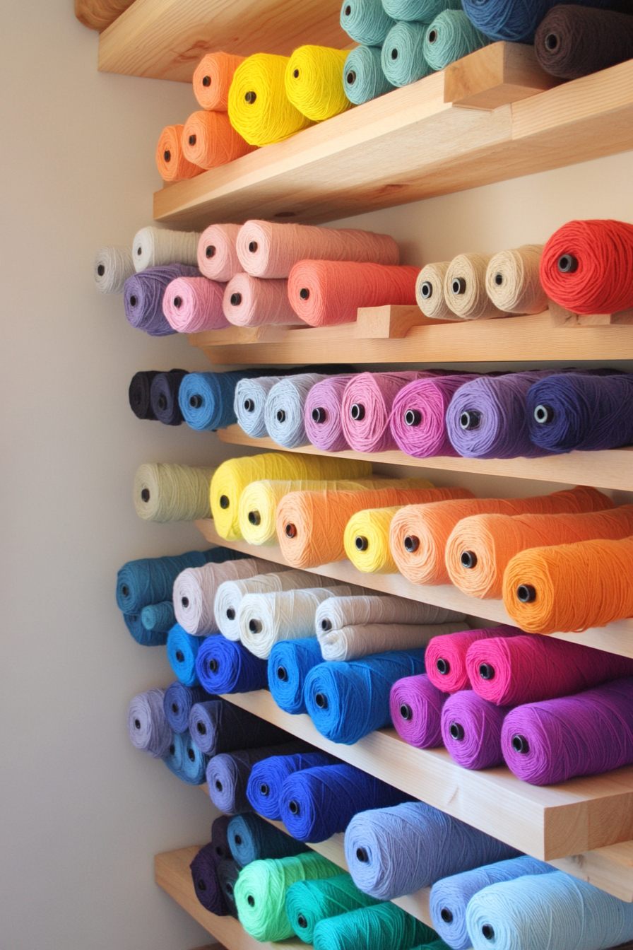 Craft space. Natural wood shelves filled with colorful yarn rolls arranged by color gradient.