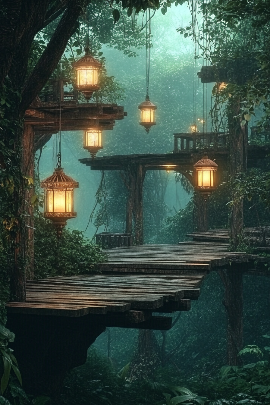 Jungle clearing space. Elevated wooden platforms with hanging lanterns.