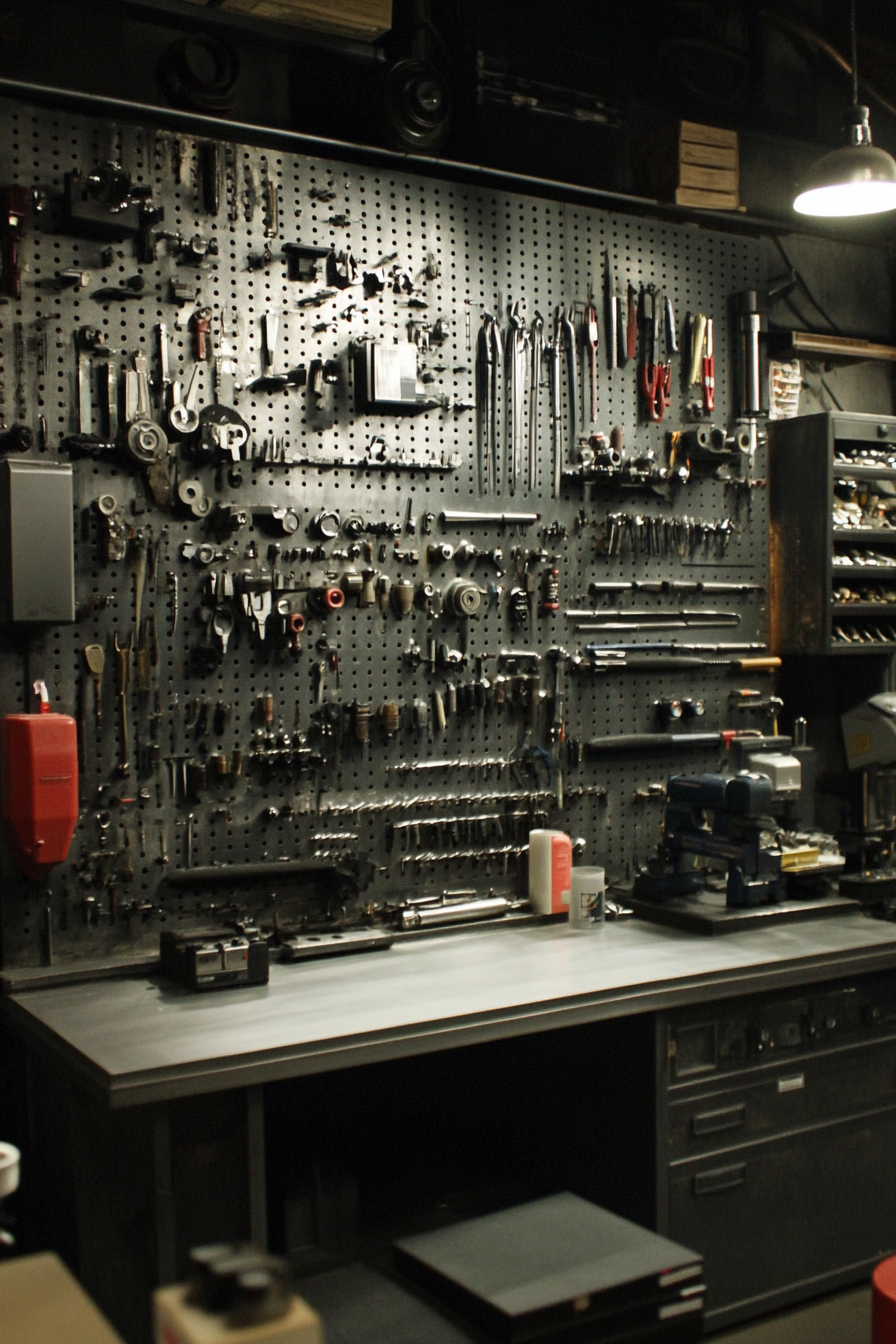 Technical Support Space. Organized tool wall, heavy-duty machinery, industrial washing station.