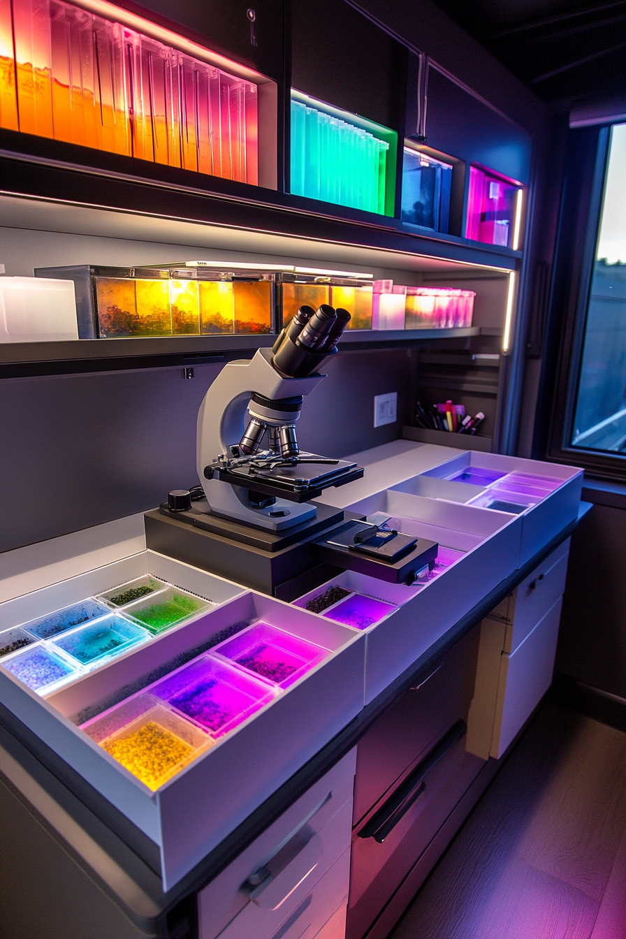 Mobile Research Space. LED panel lit desk with vibrant specimen drawers and graphite-tonic metallic microscope.