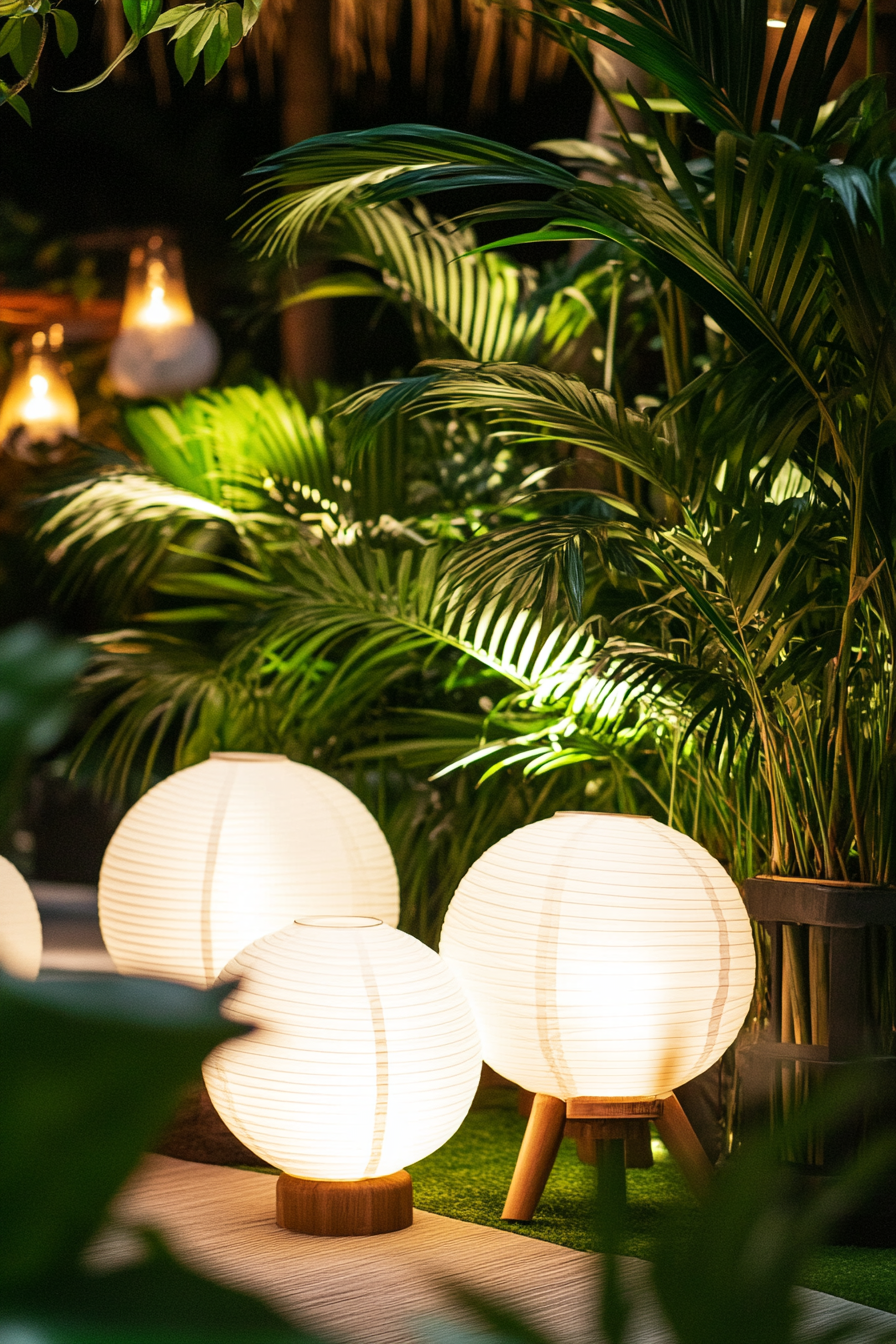 Event Support Space. Tropical-themed charging station with spherical white lanterns.