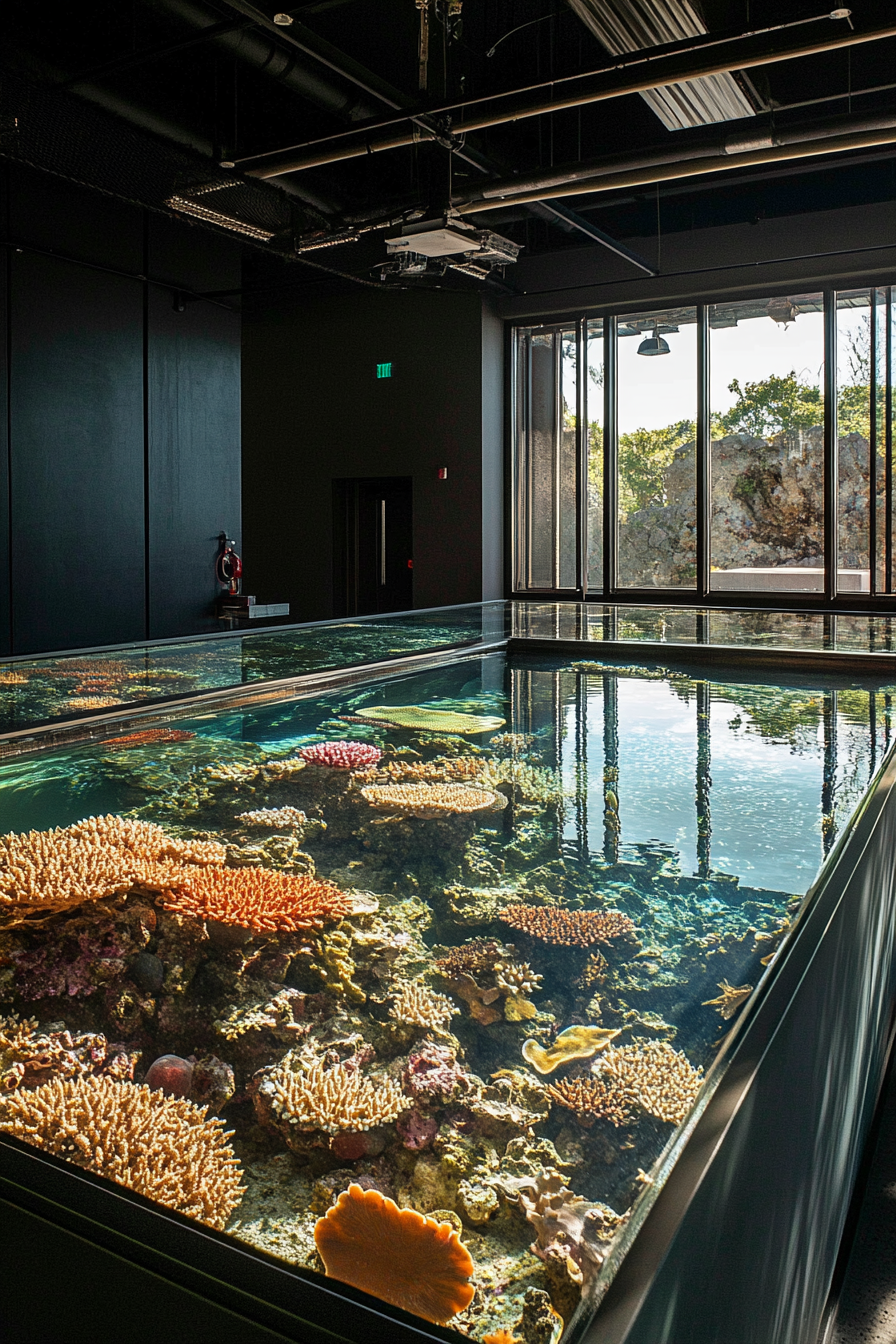 Coastal research facility. Observation tank filled with coral species and large glass windows.