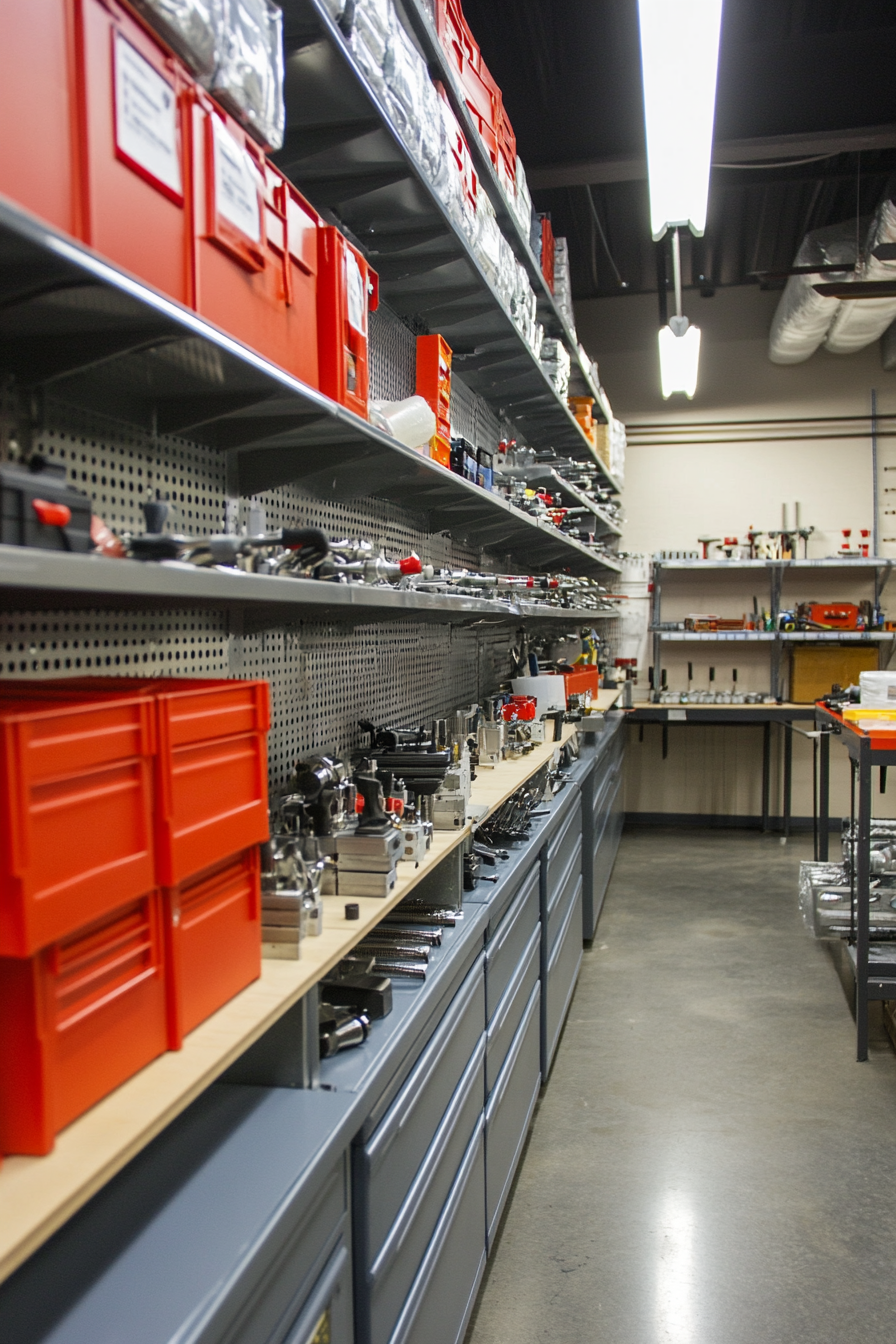 Technical Support Space. Industrial tool wall with packaged components and adjacent metal wash station.