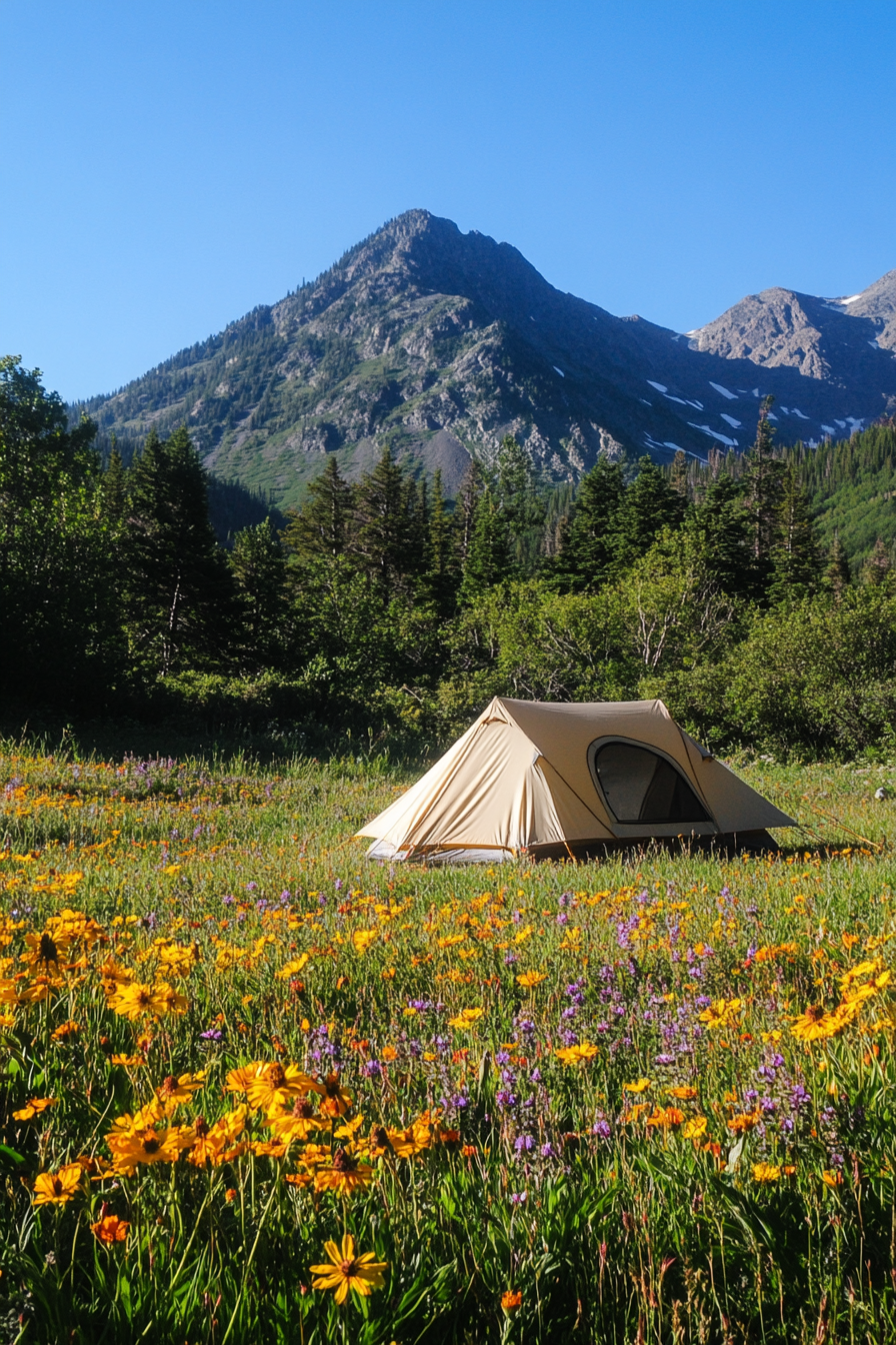 Highland site. Wildflower-surrounded tent pad with peak views, shielded from wind.