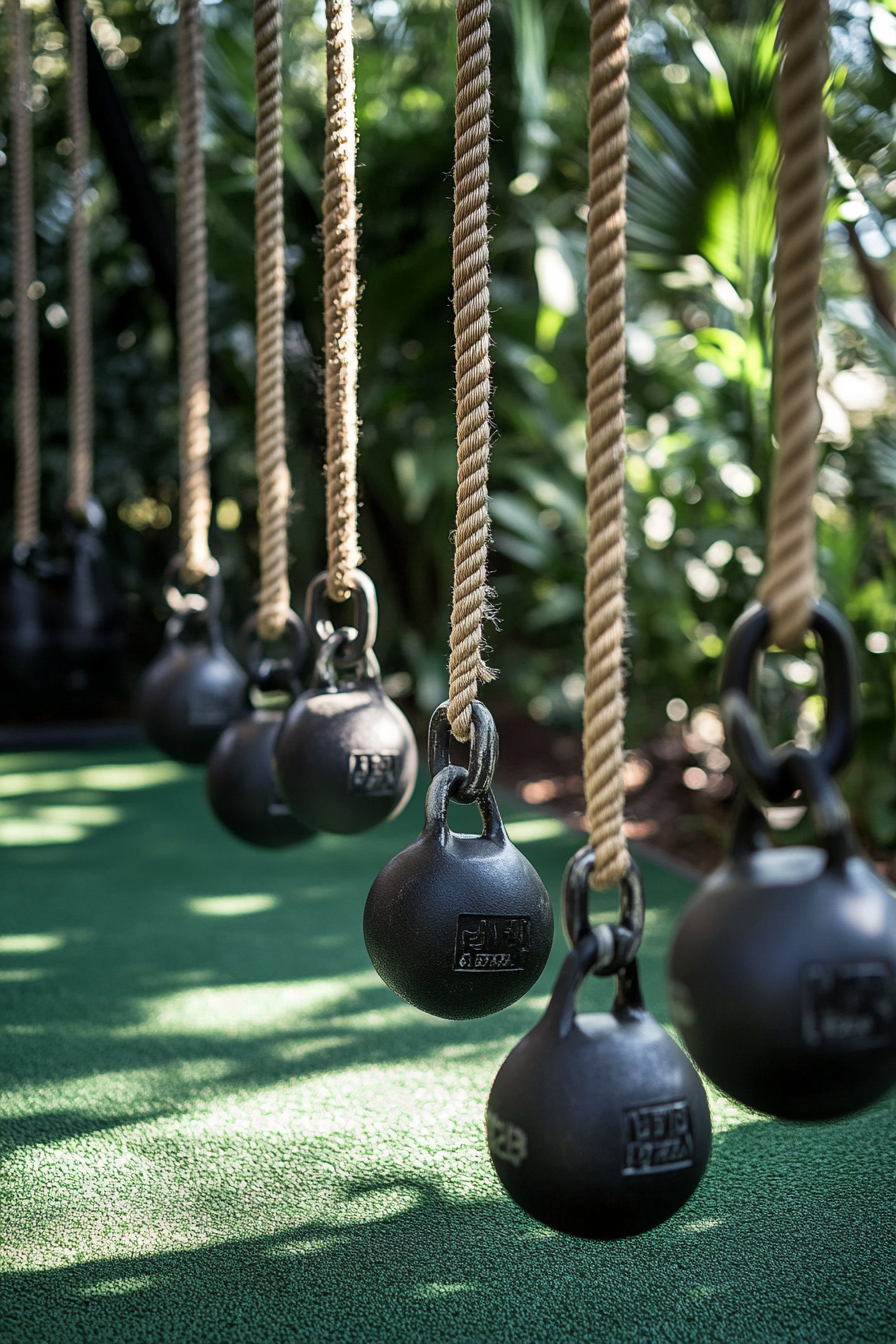 Community fitness space. Outdoor gym with kettlebells and climbing rope.