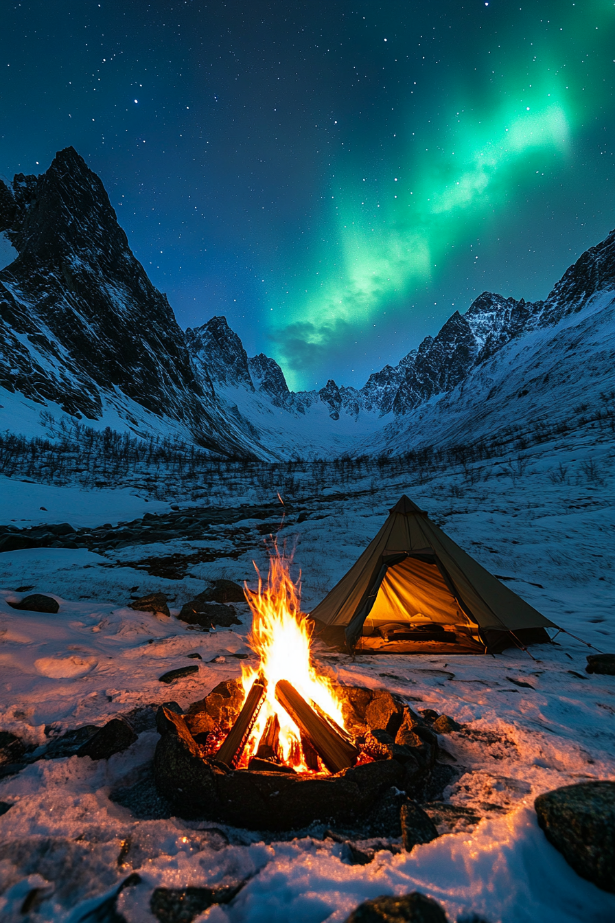 High Alpine site. Wind-shielded fire pit faced North, with Aurora Borealis viewing tent towards summit peaks.
