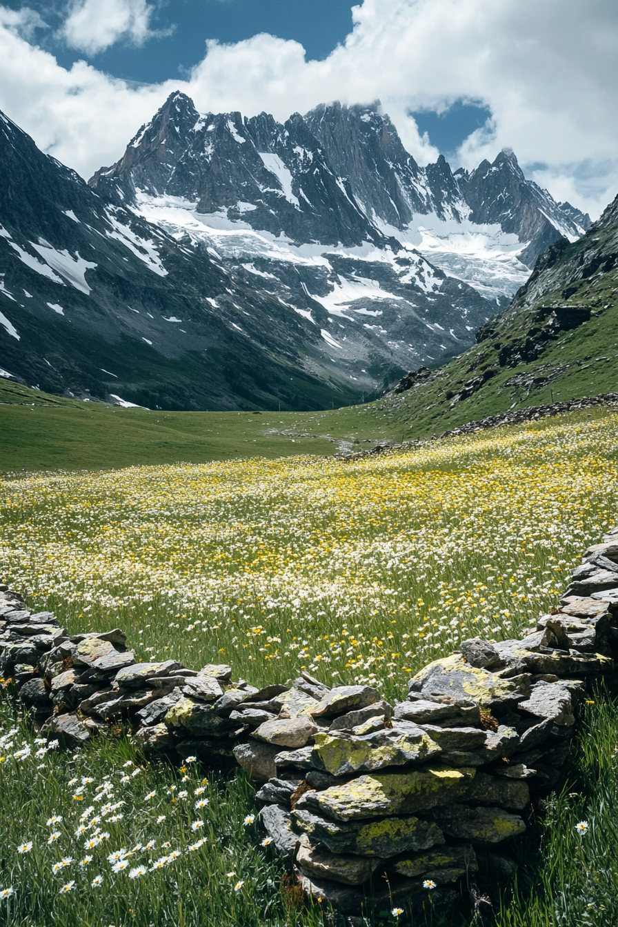 High Country Space. Edelweiss fields with a rustic stone windbreak under stark glacier peaks.