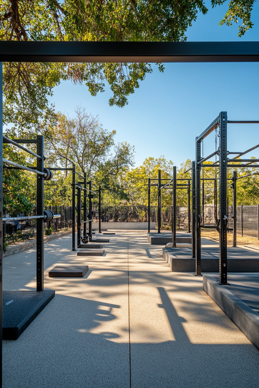 Fitness Community Space. Outdoor gym boasting horse stall bars and concrete weightlifting platforms.