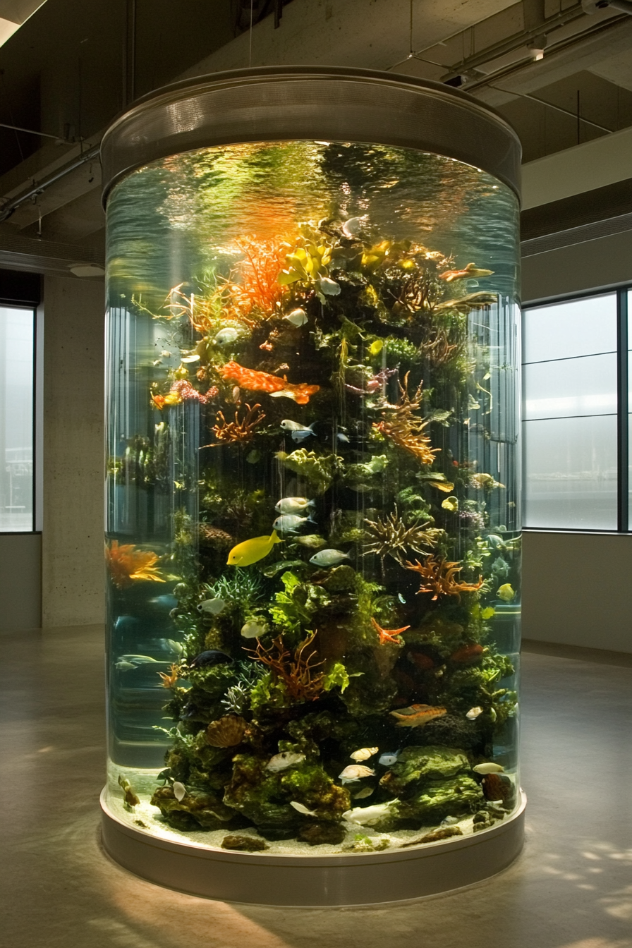 Coastal Research Space. Glass-walled observation tank filled with diverse marine species.