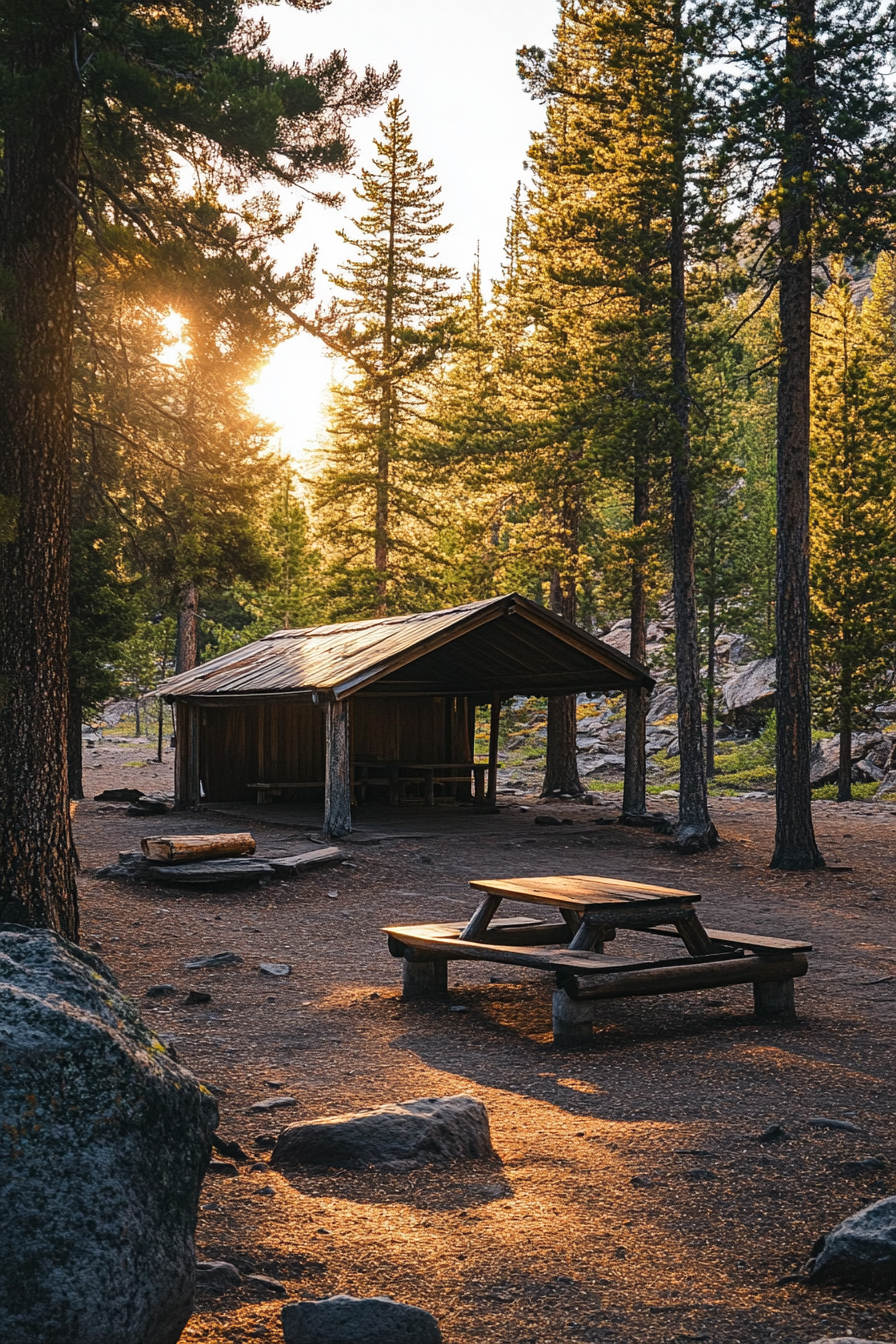 Outdoor Education Space. Ramshackle emergency shelter, surrounded by pine trees.
