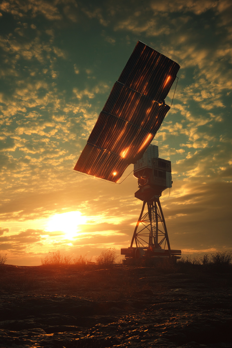 Adventure Launch Space. Solar kite repair station against morning sky.