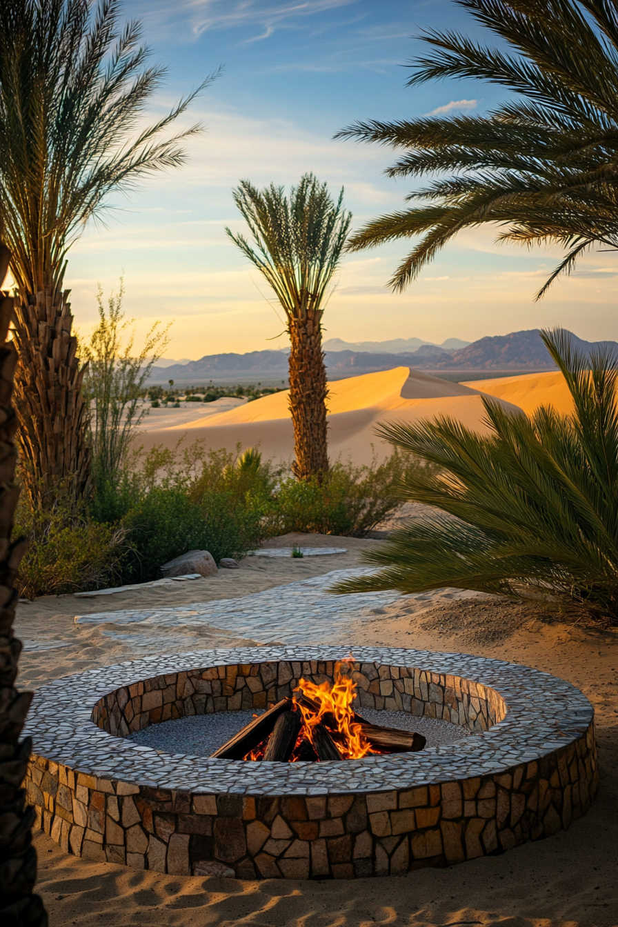 Palm Grove Space. Traditional fire pit with mosaic stones, beside desert hot spring, facing sand dunes.