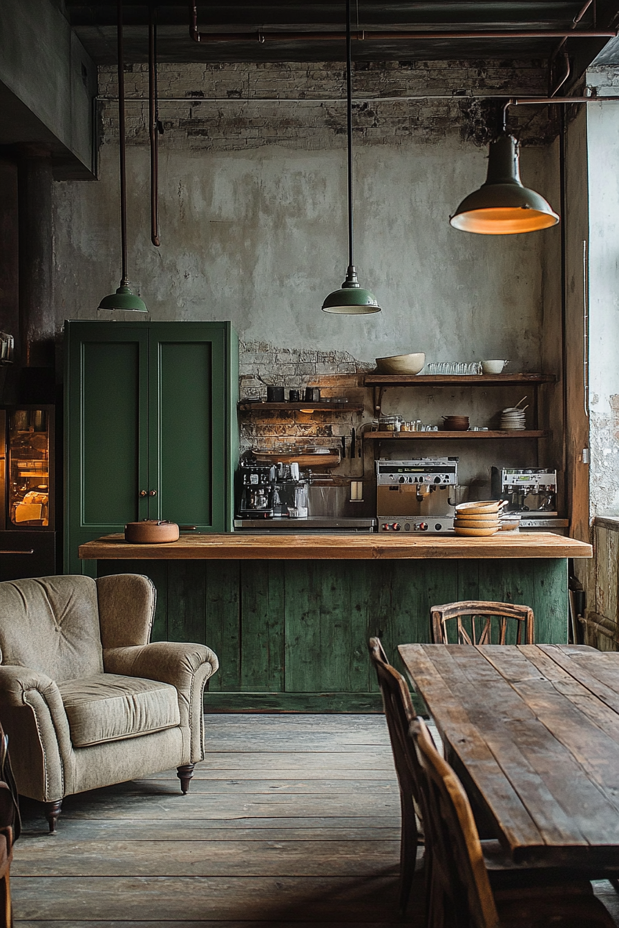 Social cooking space. Green butcher block island, communal oak table, antiquated story corner armchair.
