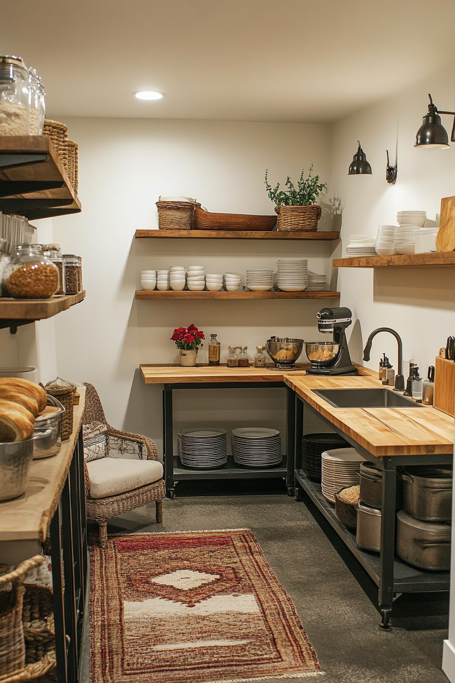Social cooking space. Prep station with multiple marked cutting boards, story corner with a cozy armchair.