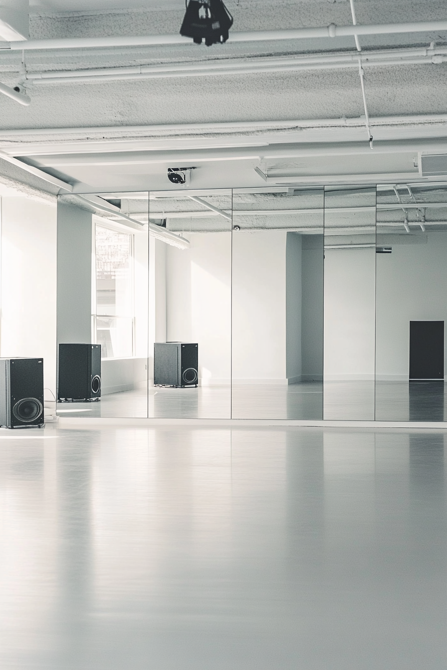 Movement Practice Space. Mirror wall, white sprung floor, vintage JBL sound system.