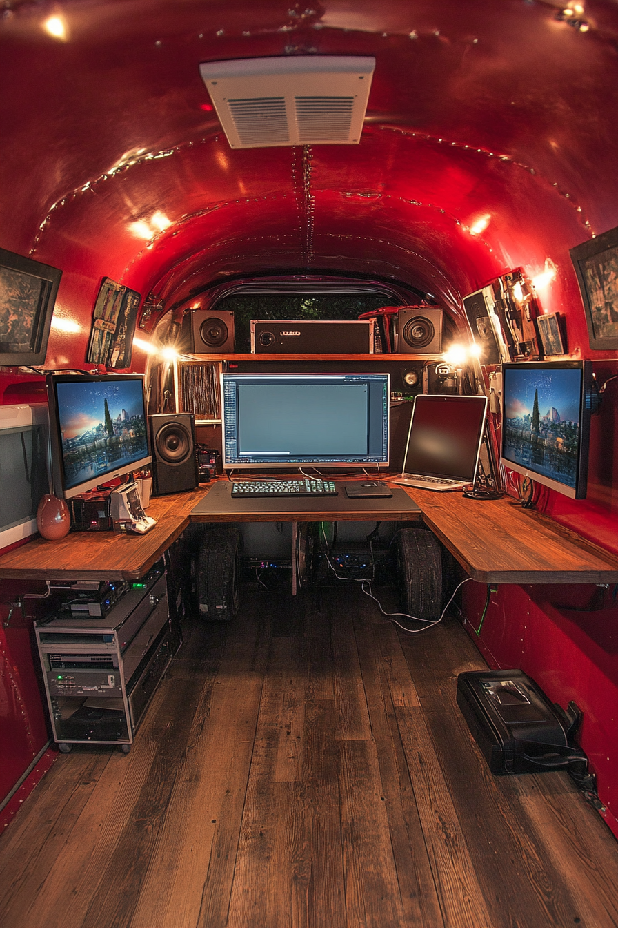 Creative mobile space. Red vintage airstream, complete with pull-out editing desk and mounted monitors.
