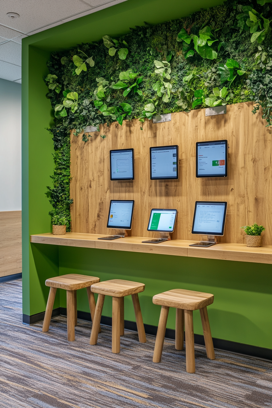 Event Support Space. Green chill zone with multiple device charging station and wooden community board.