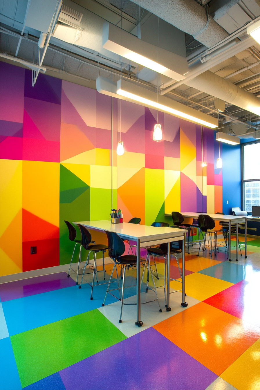 Learning space. Multicolored editorial lab with sunset wall murals.