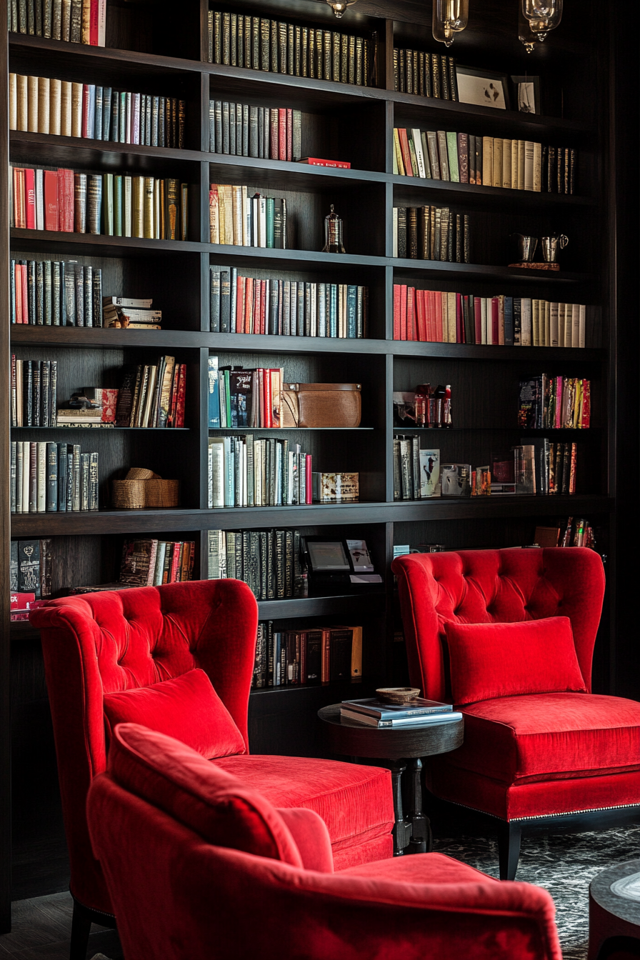Social cooking space. Dark wood bookshelf lined with cookbooks near upholstered red narrative armchairs.
