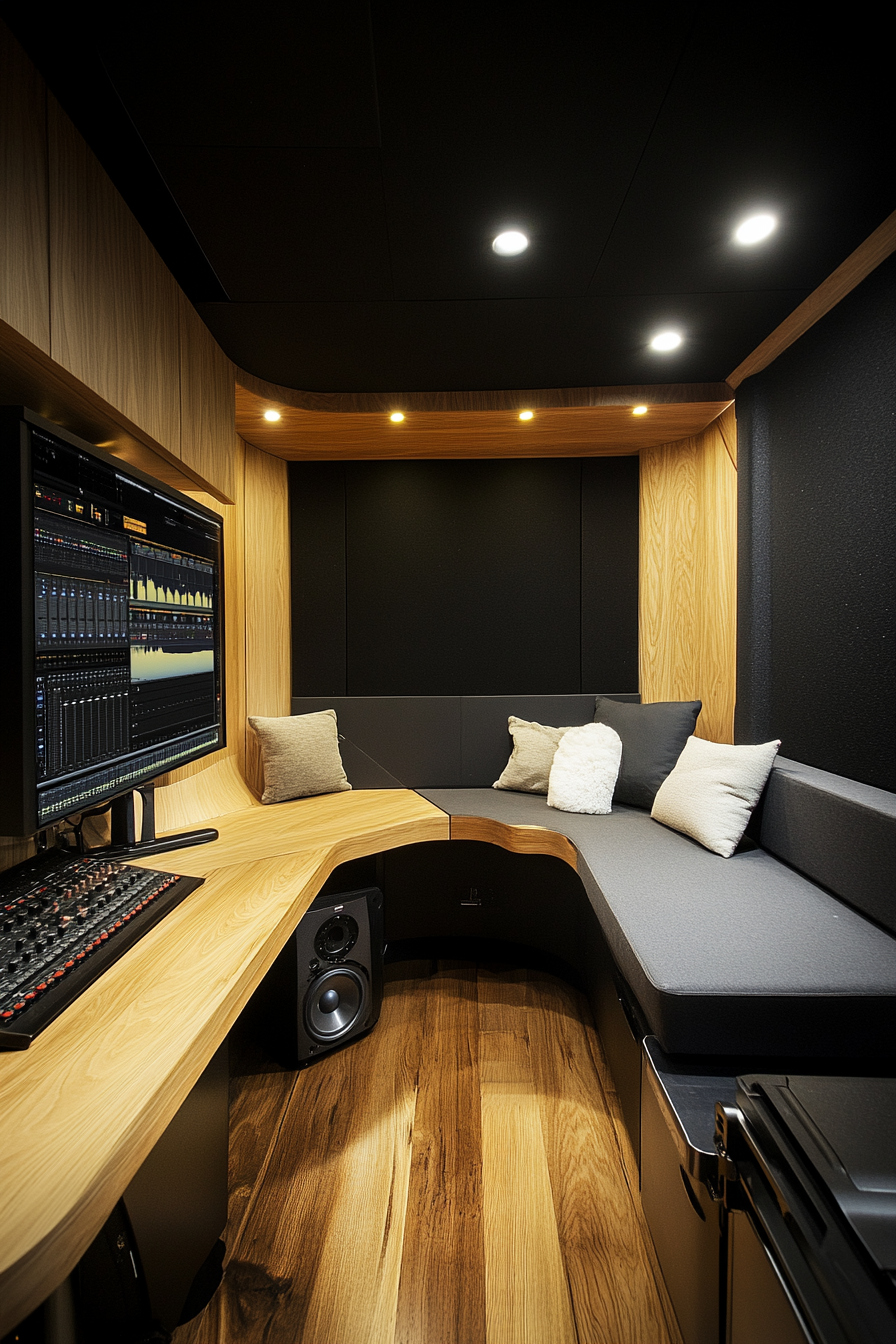 Mobile Recording Space. Black modular sound booth, central oval guest couch, corner oak production deck