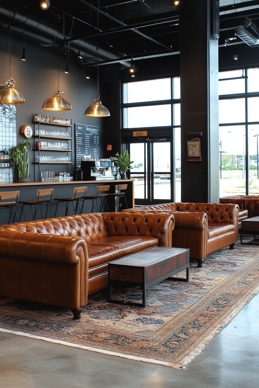 Event Support Space. Industrial-style lounge with leather couches and charging station.