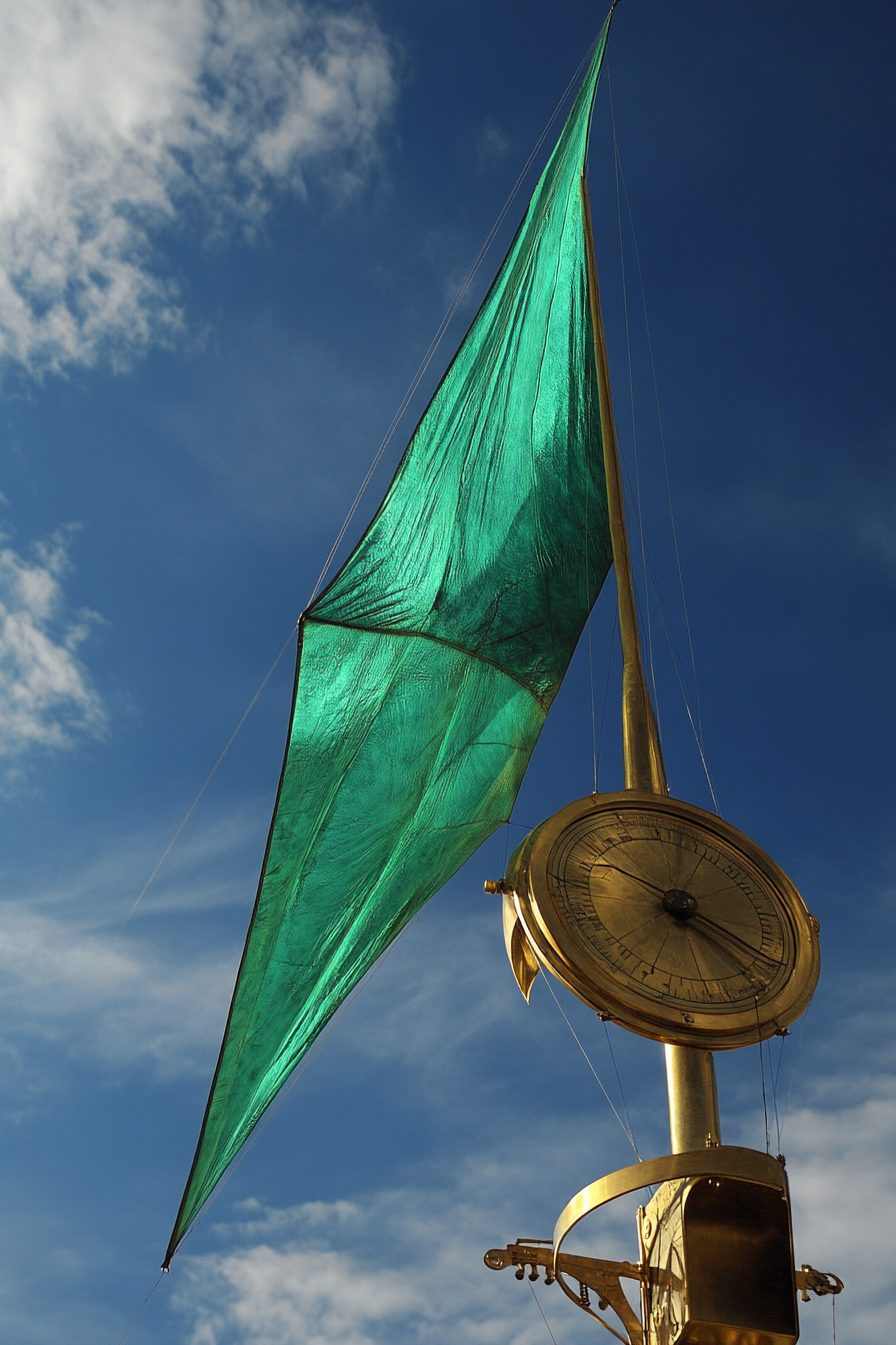 Adventure Launch Space. Green streamlined kite under skyward repair near brass Sundial weather station.
