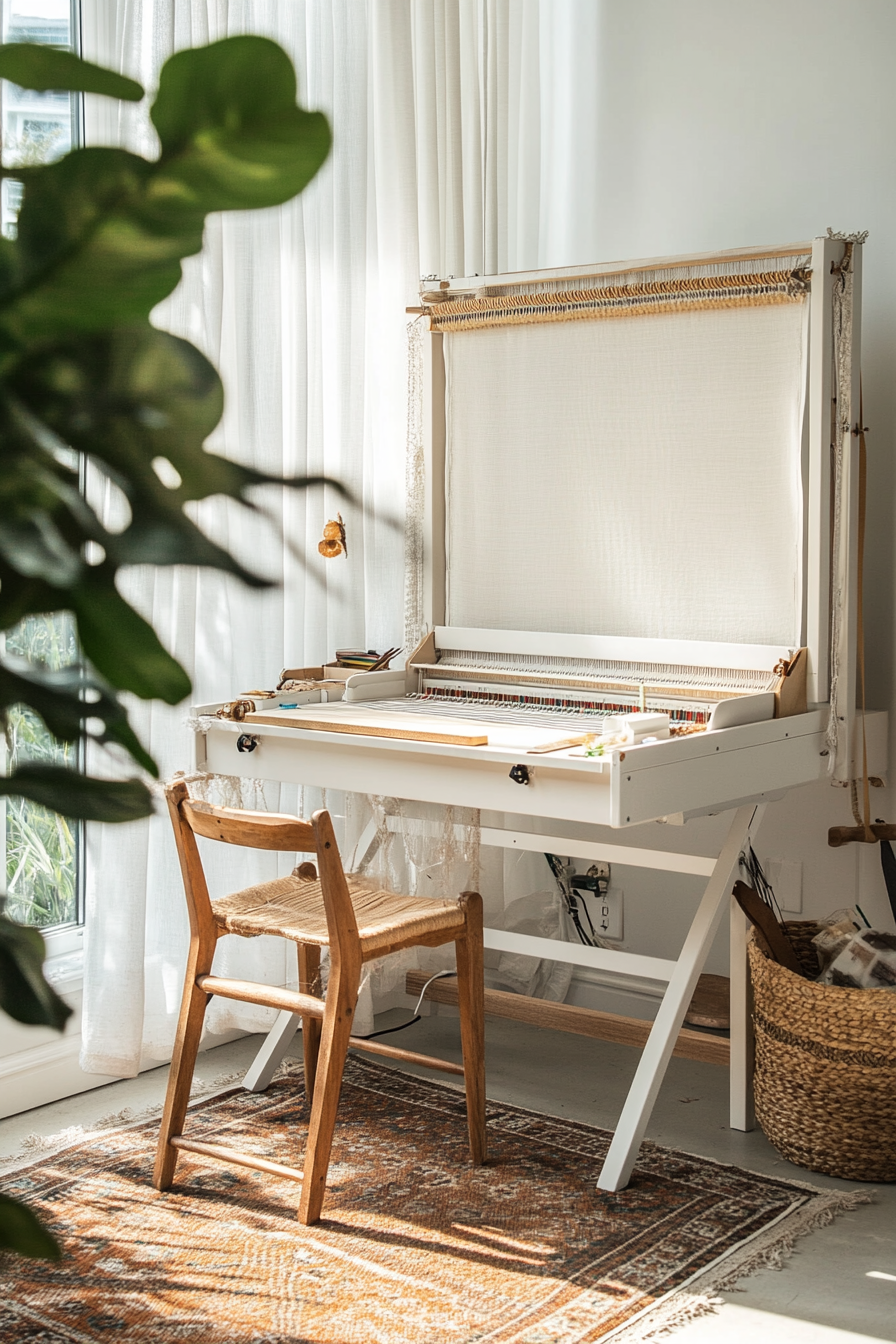 Creative craft space. Standing white bureau loom storage with natural lit projection screen workspace.