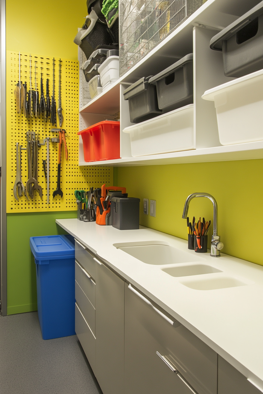 Technical Support Space. Wall-mounted tool rack, sink, color-coded parts bins.