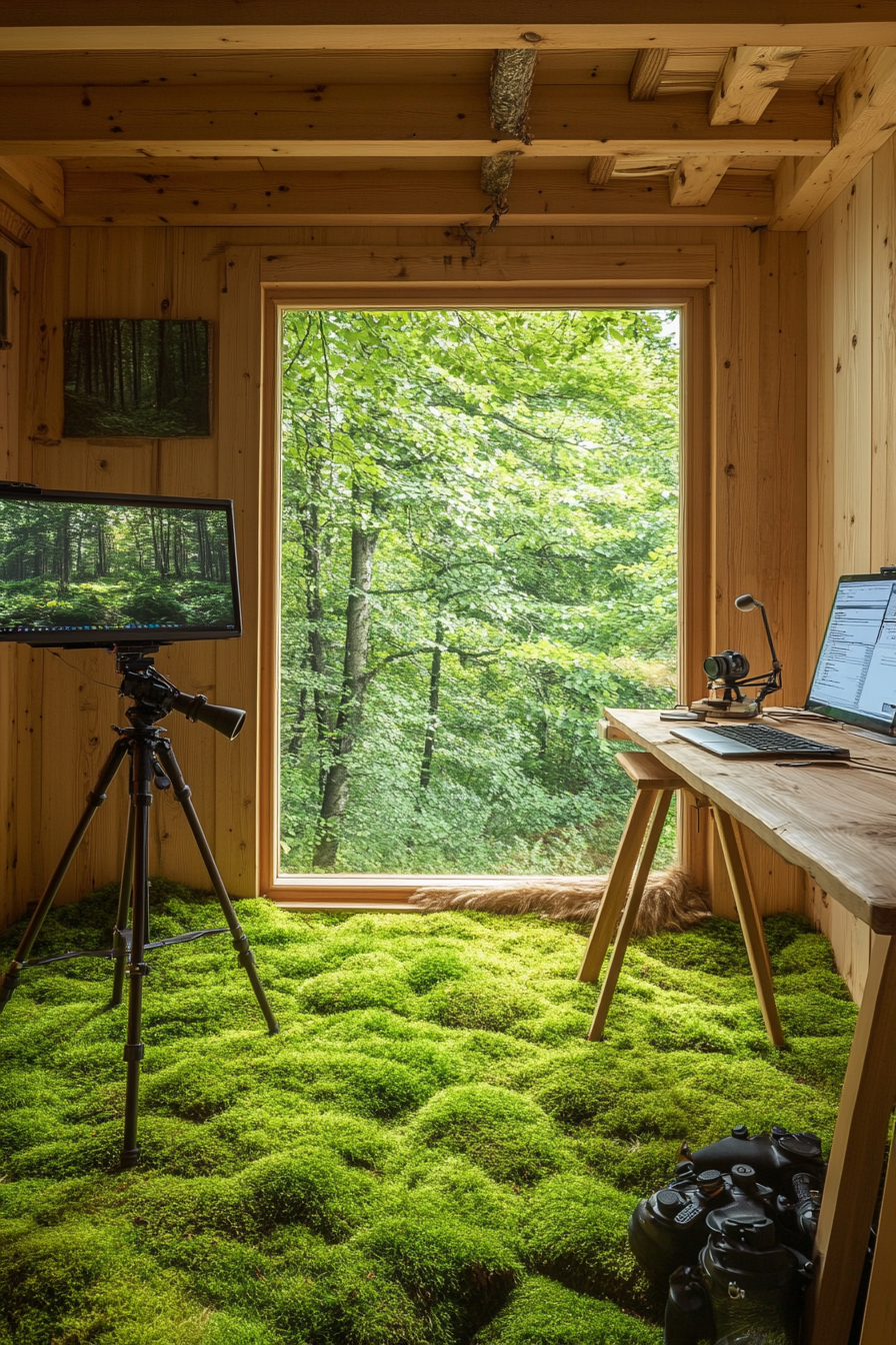 Nature observation space. Moss carpeting, monocular tripod, wooden desk with computer software.
