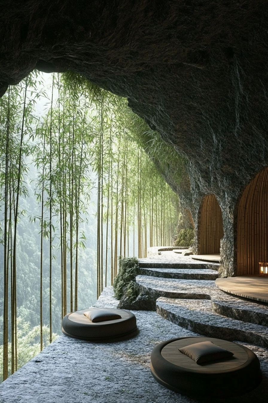 Wellness space. Tranquil bamboo meditation caves nestled into the mountain side.