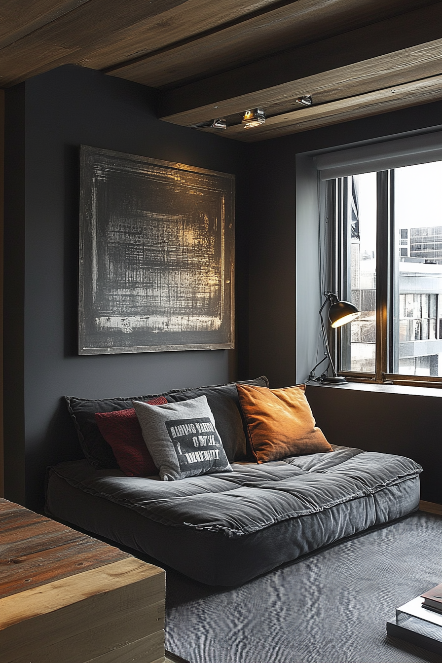 Creative mobile space. Charcoal-hued convertible sofa in the interview corner.