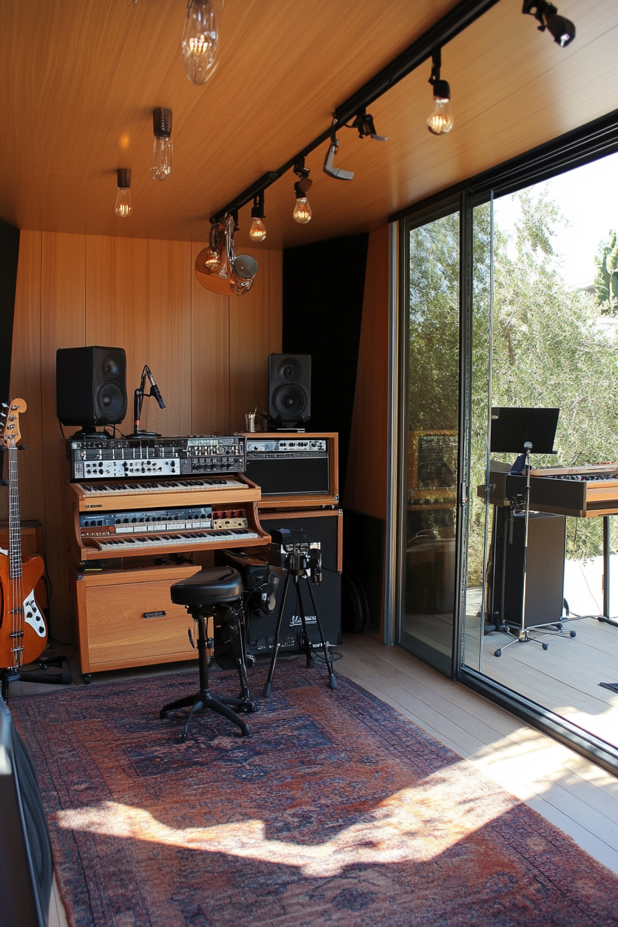 Mobile studio space. Glass walls, teak instrument cabinets, sound-proofed recording booth, beach stage.