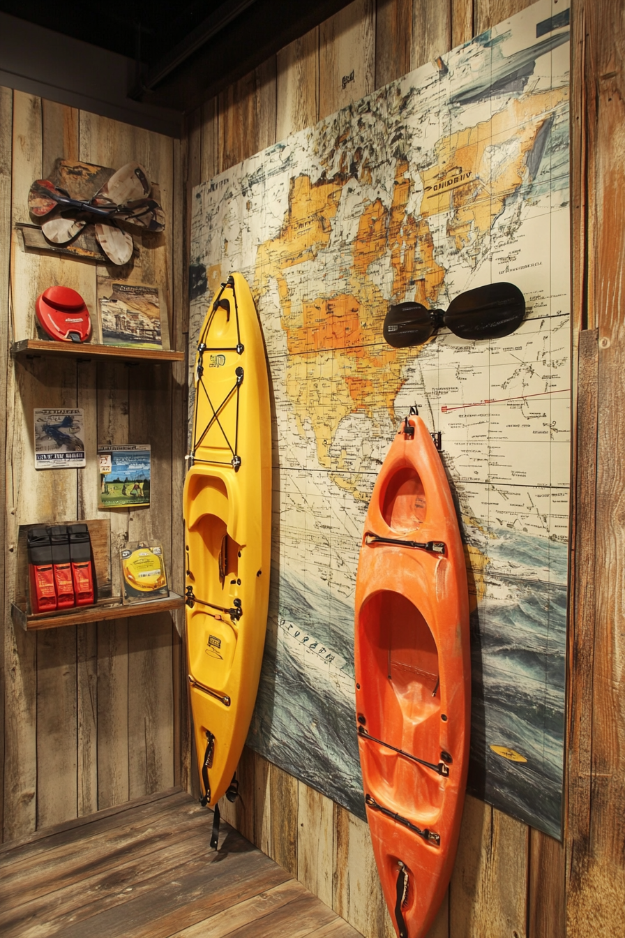 Water adventure space. Kayak wall racks, nautical maps, and a first aid station.