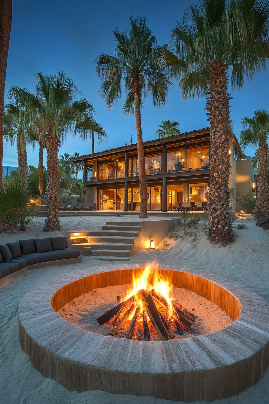 Palm grove space. Traditional fire pit with dune views near desert spring.