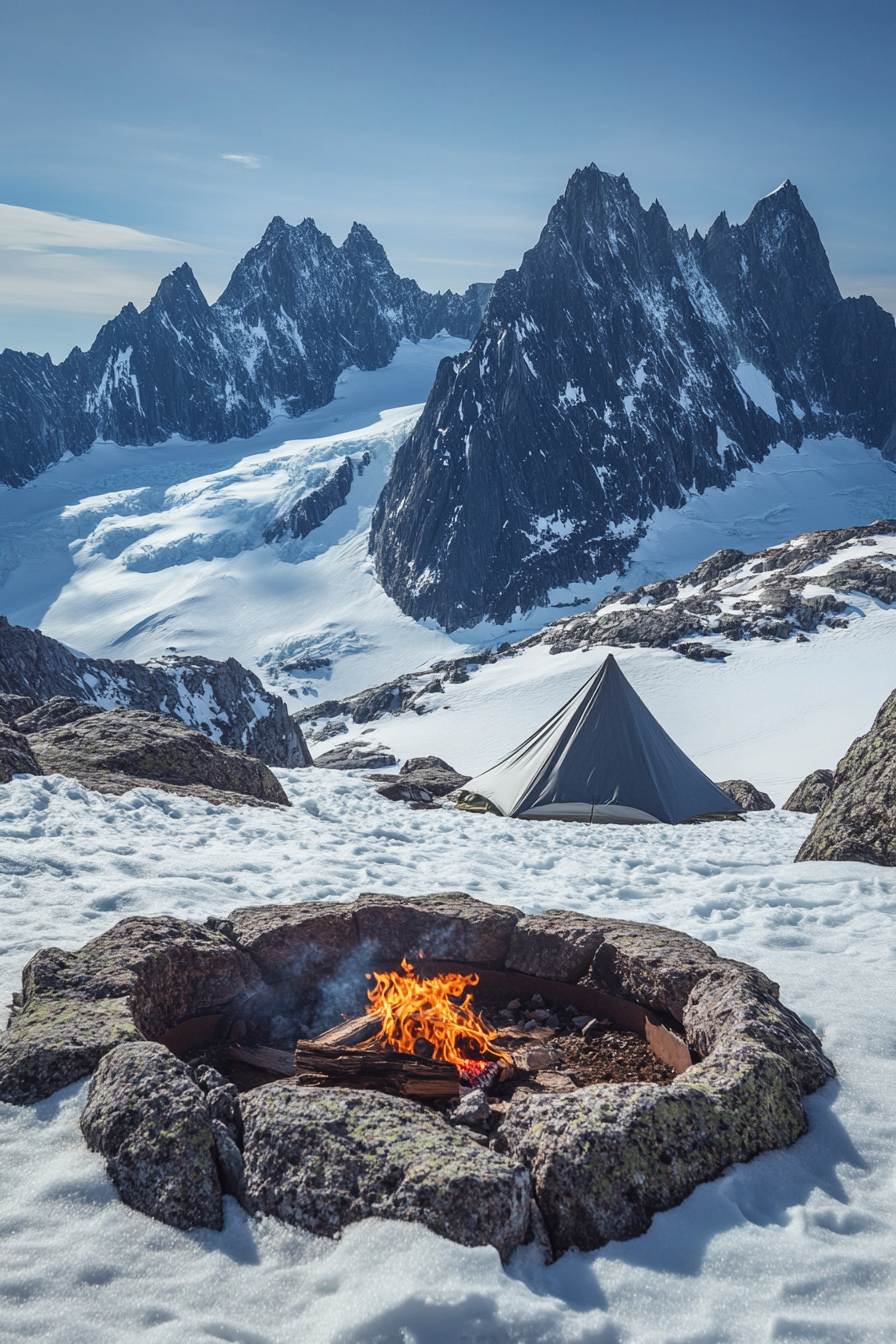 High Alpine site. A wind-protected fire pit, viewing tent facing the north, surrounded by icy peaks.