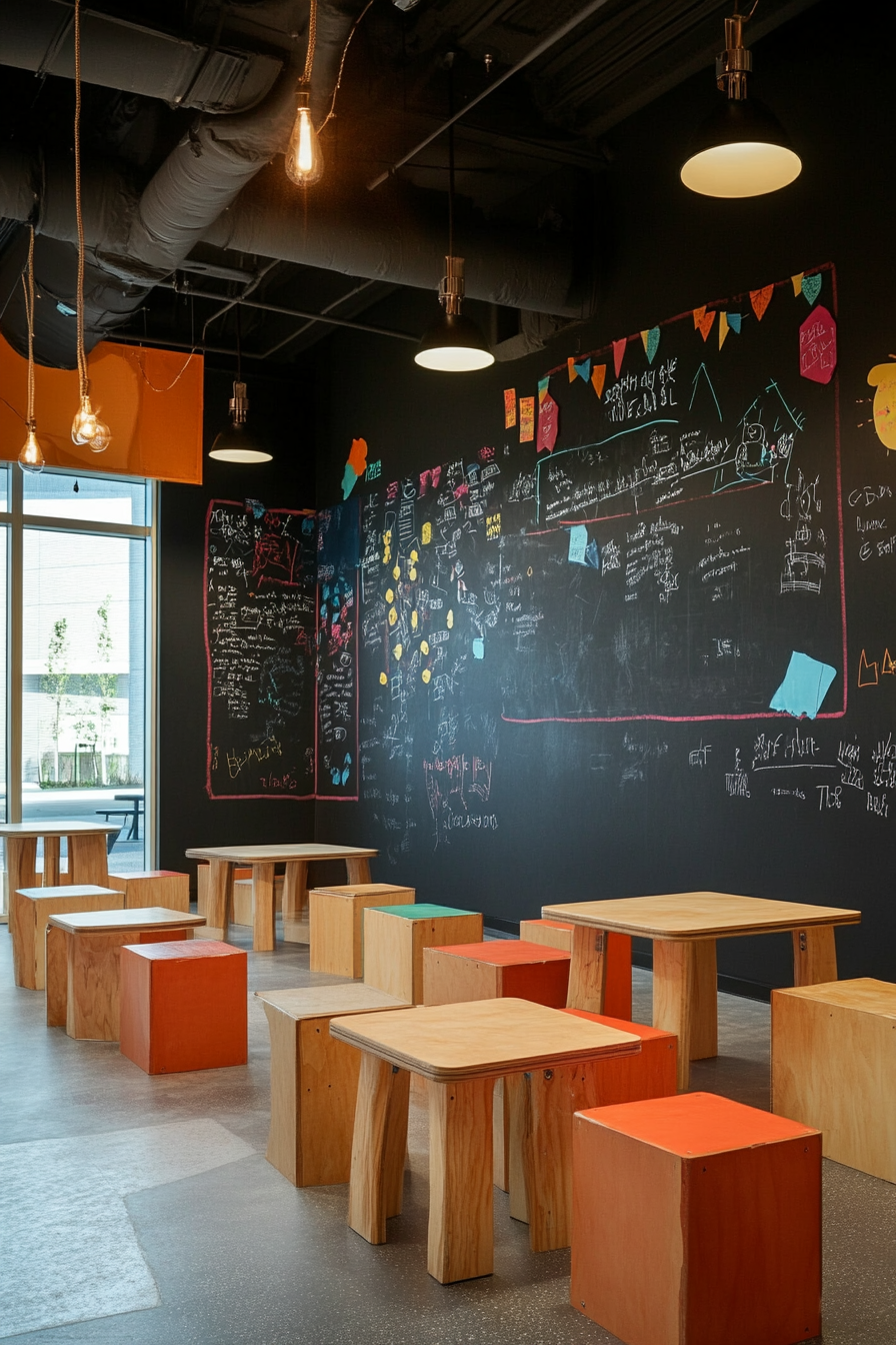 Community Learning Space. Chalkboard walls and square tables in the teaching zone.