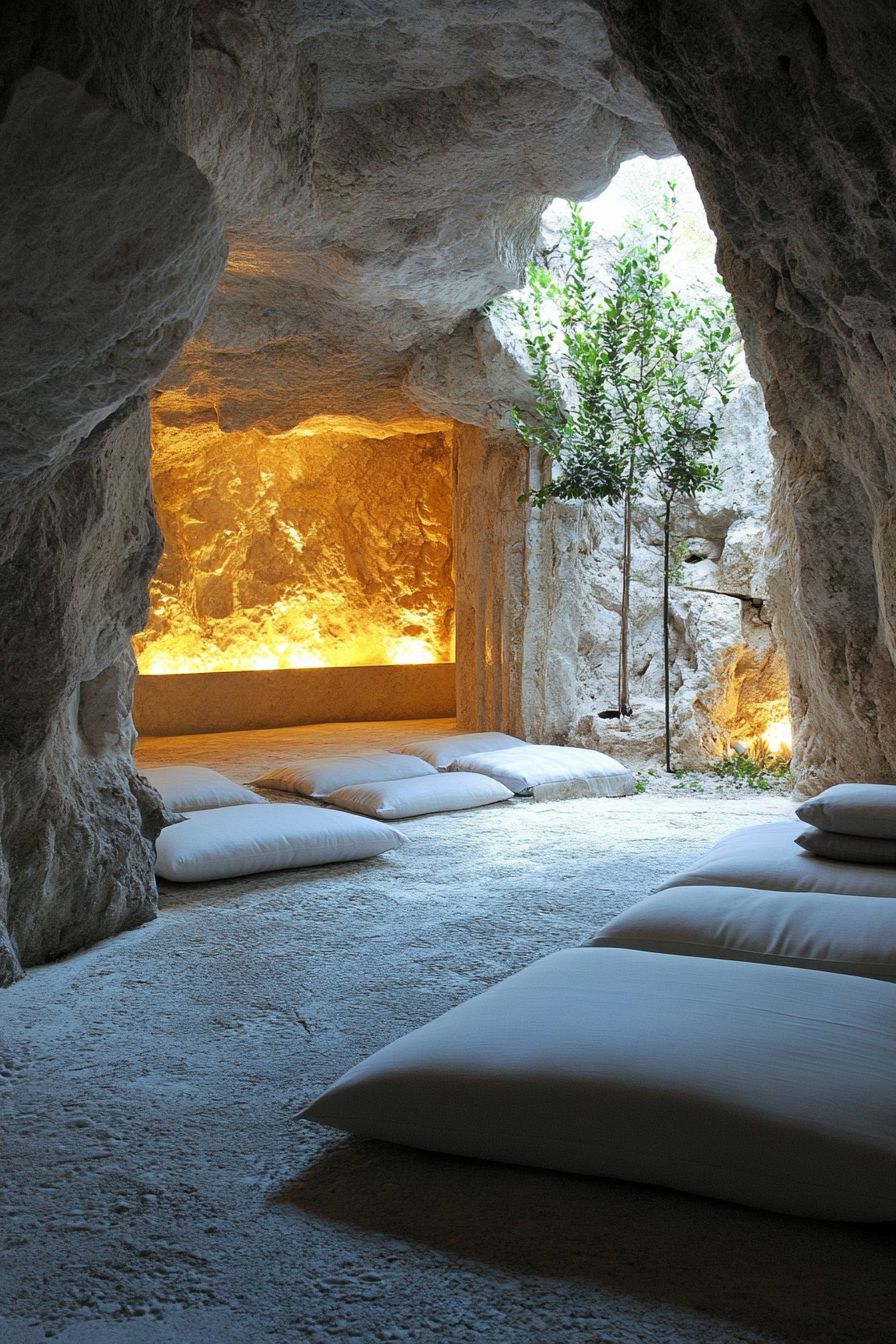 Mountain Wellness Space. Limestone meditation caves lit by natural light.