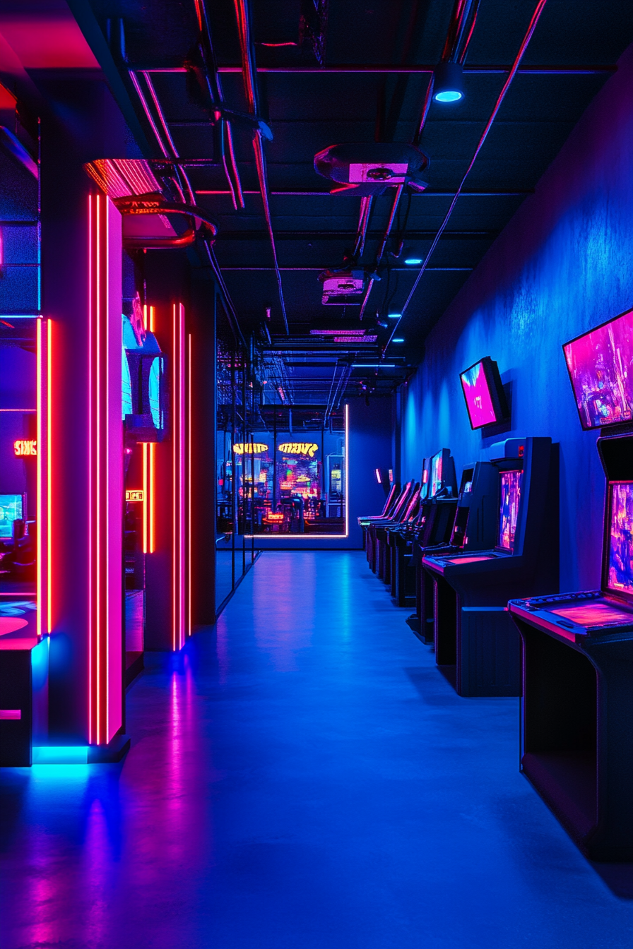 Social gaming space. Cyberpunk-inspired VR zone with neon lighting.