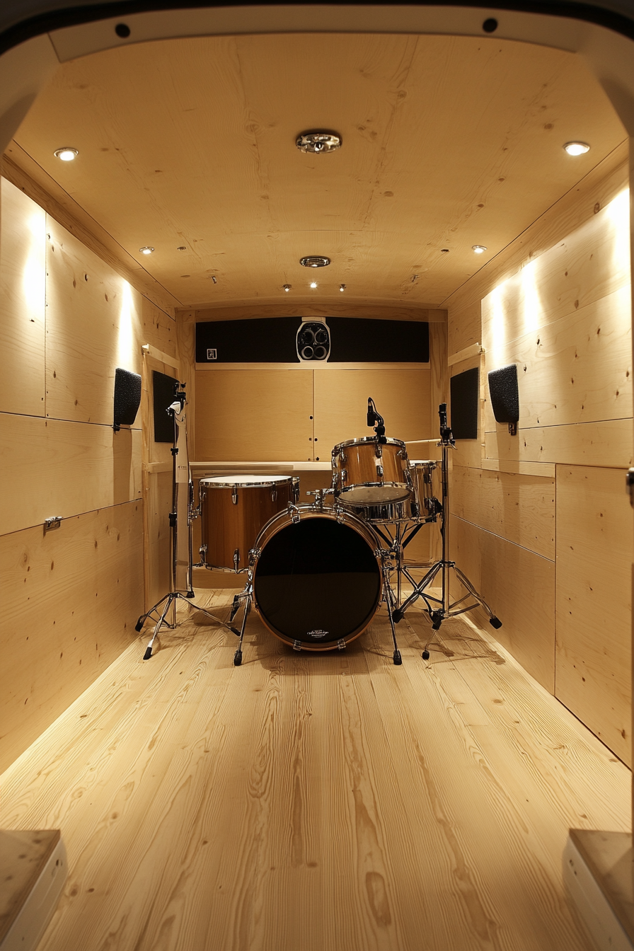 Mobile Studio Space. Recording booth with inbuilt acoustic panel walls and floor-standing drum set.