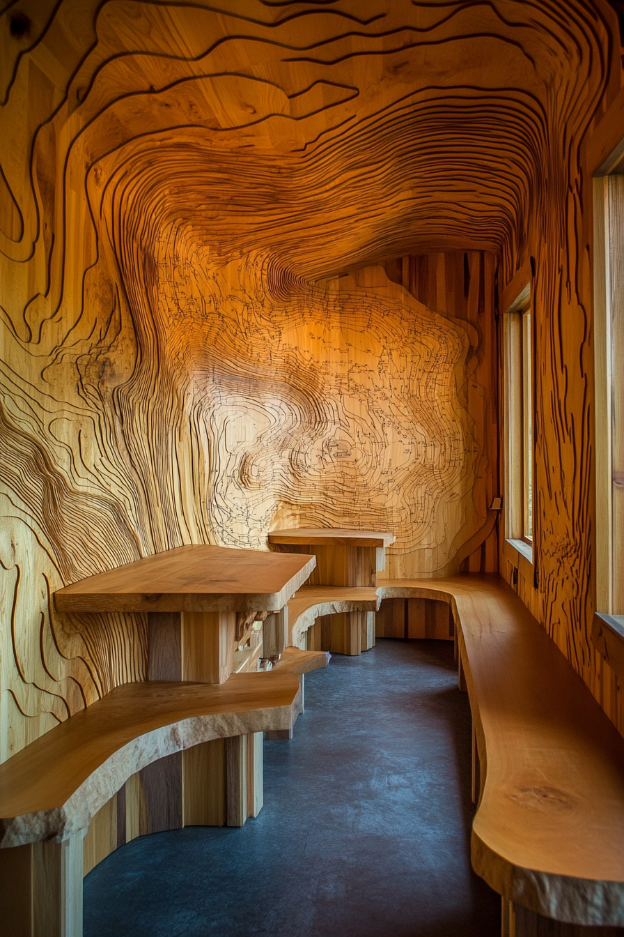 Mountain Community Space. Wooden cabin with topographical maps covering one wall.